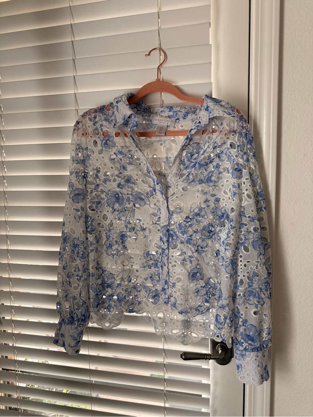 Caroline Constas White Eyelet Blouse with Blue Floral Embroidery